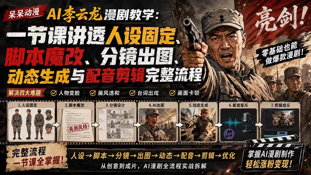 （20107期）呆呆动漫AI李云龙漫剧教学：一节课讲透人设固定、脚本魔改、分镜出图、动态生成与配音剪辑完整流程