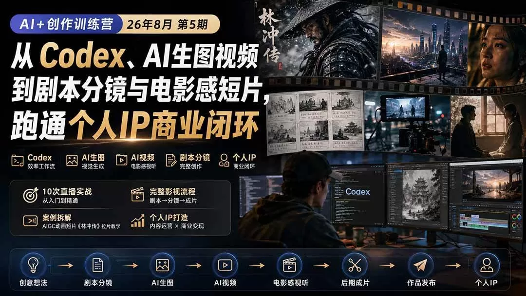（20145期）AI+创作训练营26年8月第5期：从Codex、AI生图视频到剧本分镜与电影感短片，跑通个人IP商业闭环