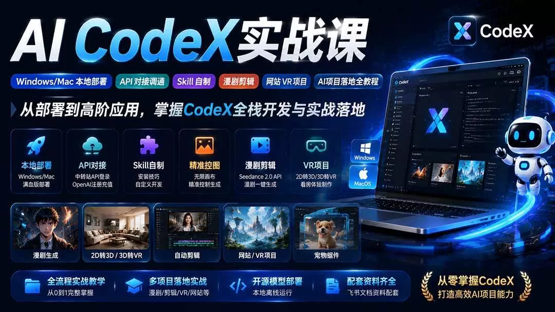 （19769期）AI CodeX实战课｜Windows/Mac 本地部署｜API 对接调通｜Skill 自制｜漫剧剪辑｜网站 VR 项目｜AI项目落地全教程