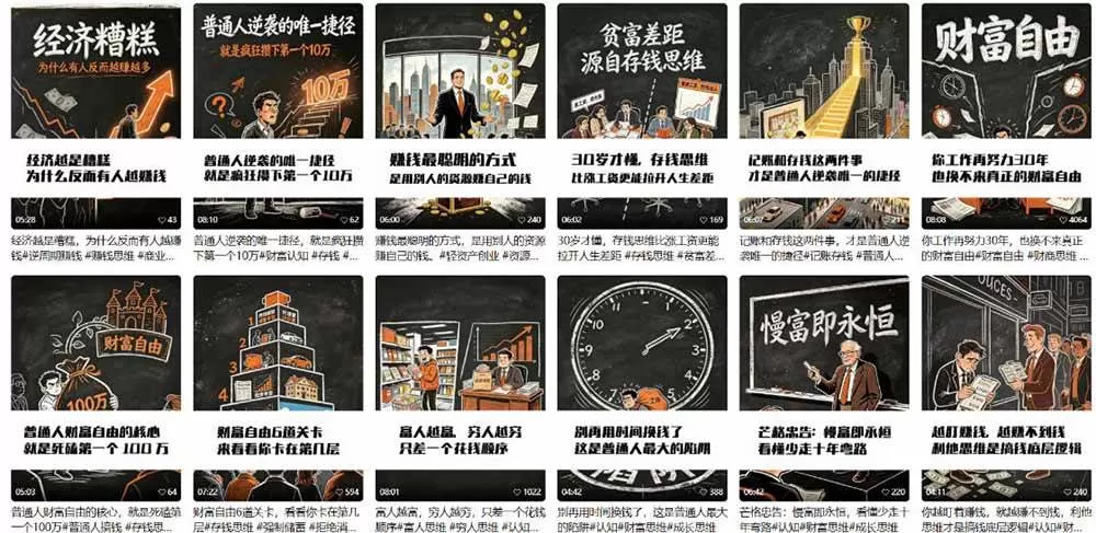 （19515期）AI书单财富书籍图文解读：手绘黑白风格×一键直出×几十条视频跑1000单×全流程拆解×新手可上手