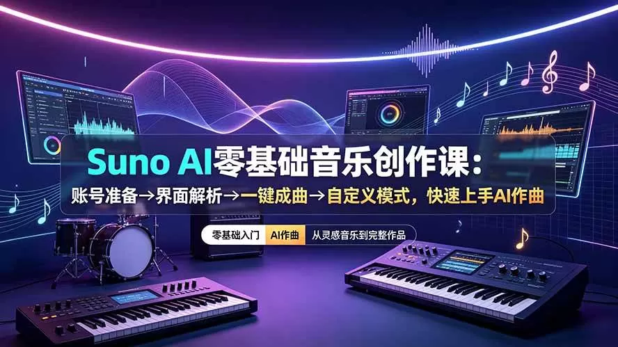 （19264期）Suno AI零基础音乐创作课：账号准备→界面解析→一键成曲→自定义模式，快速上手AI作曲