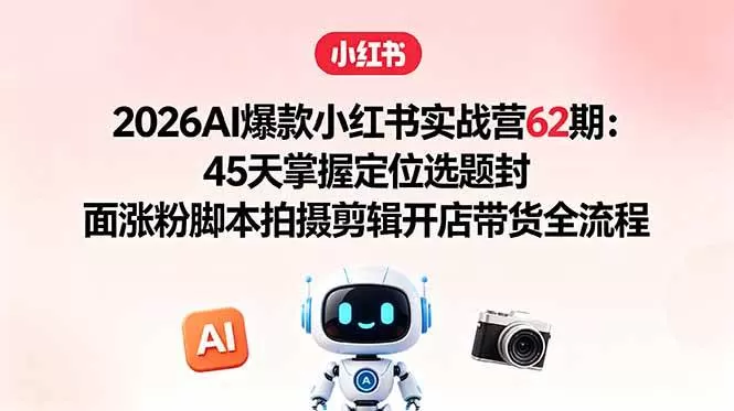 （18606期）2026AI爆款小红书实战营62期：45天掌握定位选题封面涨粉脚本拍摄剪辑开店带货全流程