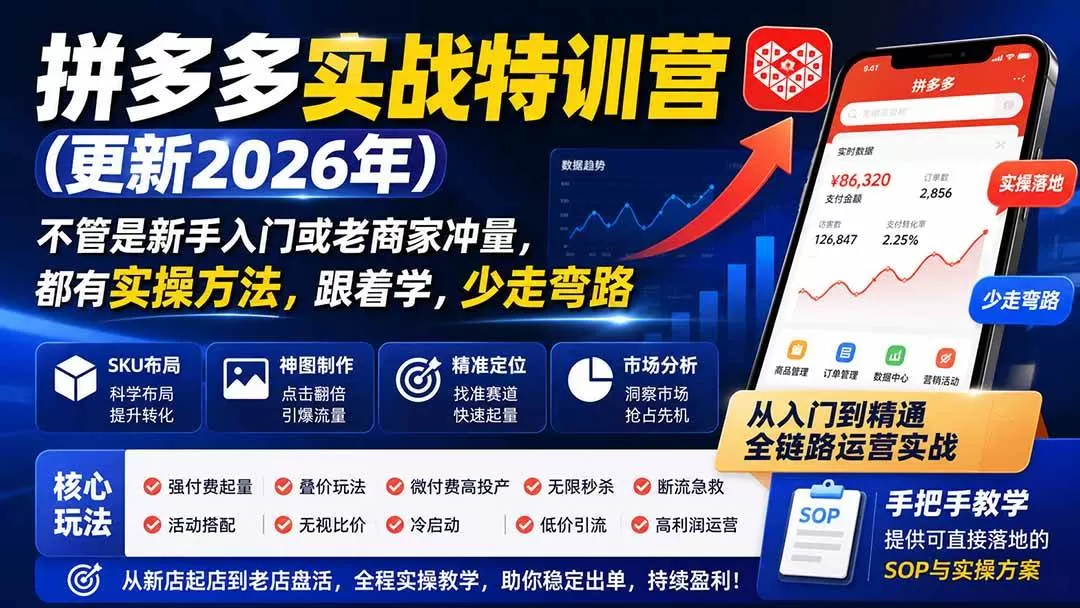 （19988期）拼多多实战特训营(更新26年0821)：不管是新手入门或老商家冲量，都有实操方法，跟着学，少走弯路