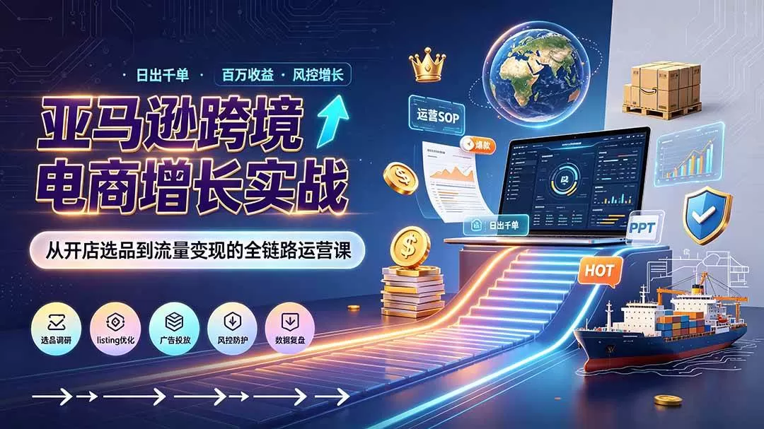 （19308期）亚马逊0-1孵化特训营8期：从注册风控到稳定日出千单实战，规避审核封店风险，标准化执行流程落地