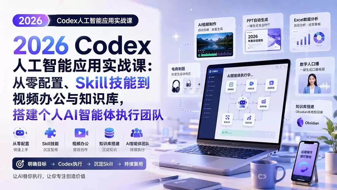 （20067期）2026 Codex人工智能应用实战课：从零配置、Skill技能到视频办公与知识库，搭建个人AI智能体执行团队