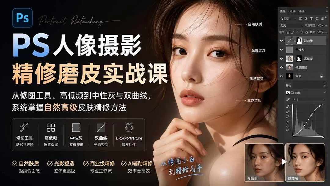（20061期）PS人像摄影精修磨皮实战课：从修图工具、高低频到中性灰与双曲线，系统掌握自然高级皮肤精修方法
