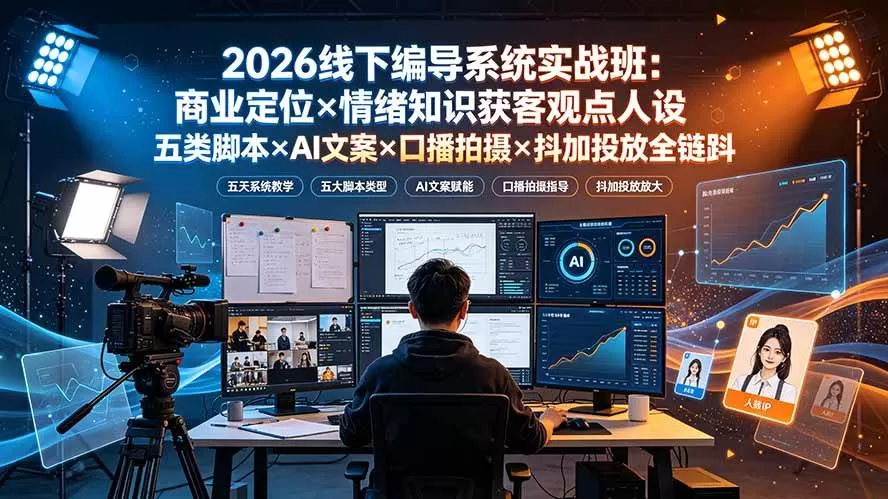 （19501期）2026线下编导系统实战班：商业定位×情绪知识获客观点人设五类脚本×AI文案×口播拍摄×抖加投放全链路