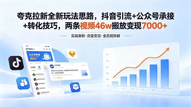 （18416期）夸克拉新全新玩法思路，抖音引流+公众号承接+转化技巧，两条视频46w搬放 变现7000+