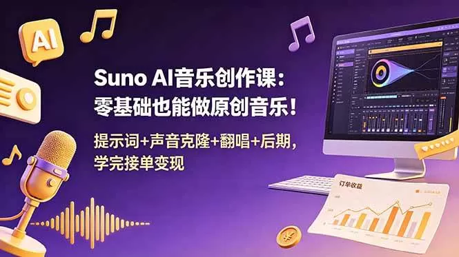 （18945期） Suno AI音乐创作课：零基础也能做原创音乐！提示词+声音克隆+翻唱+后期，学完接单变现