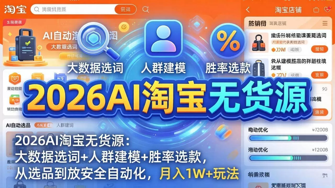 （18110期）2026AI淘宝无货源-4月19更新：大数据选词+人群建模+胜率选款，从选品到放大全自动化，月入1W+
