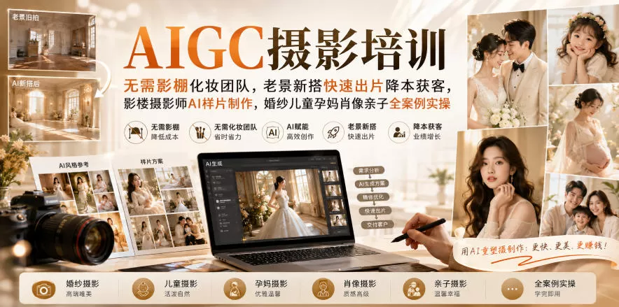 AIGC摄影培训｜无需影棚化妆团队，老景新搭快速出片降本获客，影楼摄影师AI样片制作，婚纱儿童孕妈肖像亲子全案例实操